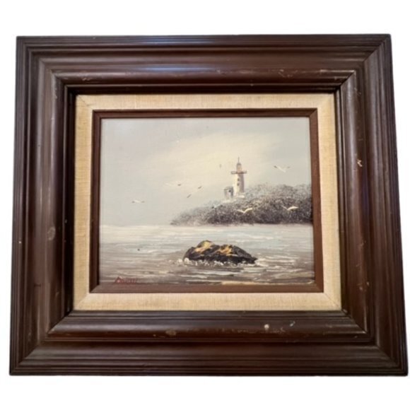 VINTAGE ORIGINAL OIL PAINTING SEASIDE SEASCAPE LIGHTHOUSE SIGNED FRAMED Seagulls